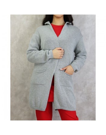 Gilet femme mi-long à capuche brodé d'une étoile au dos de marque Amelis Paris - Couleur gris 