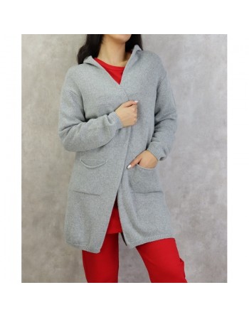 Gilet femme mi-long à capuche brodé d'une étoile au dos de marque Amelis Paris - Couleur gris 