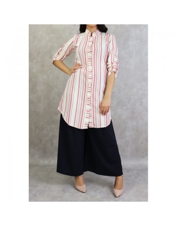 Chemise coton mi-longue à rayures de couleur blanc et brique 