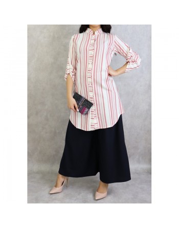 Chemise coton mi-longue à rayures de couleur blanc et brique 