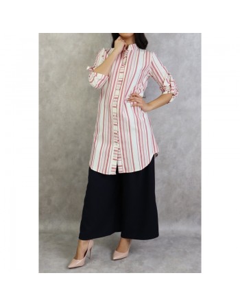 Chemise coton mi-longue à rayures de couleur blanc et brique 