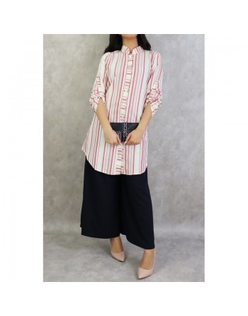 Chemise coton mi-longue à rayures de couleur blanc et brique 
