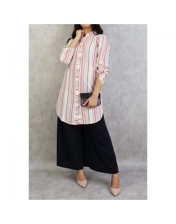 Chemise coton mi-longue à rayures de couleur blanc et brique 