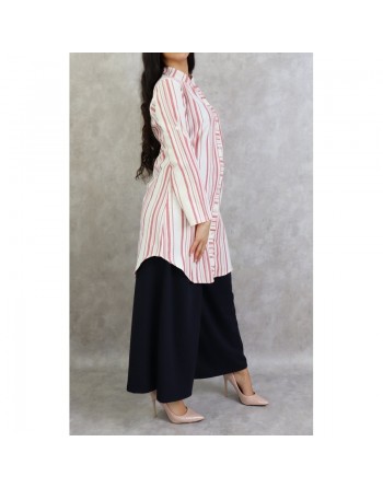 Chemise coton mi-longue à rayures de couleur blanc et brique 