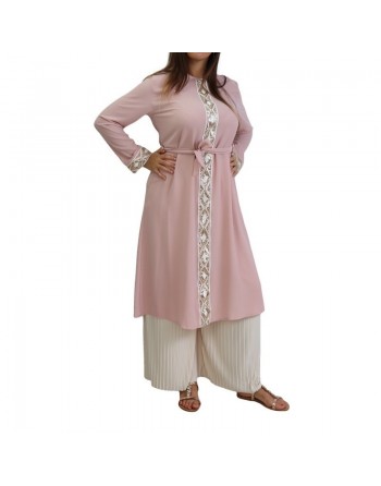 Tunique fluide à manches longues avec strass et broderies pour femme - Couleur Rose Clair 