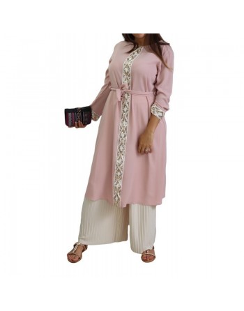 Tunique fluide à manches longues avec strass et broderies pour femme - Couleur Rose Clair 