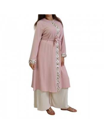 Tunique fluide à manches longues avec strass et broderies pour femme - Couleur Rose Clair 
