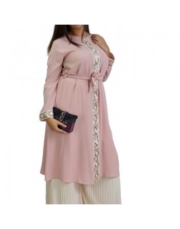 Tunique fluide à manches longues avec strass et broderies pour femme - Couleur Rose Clair 