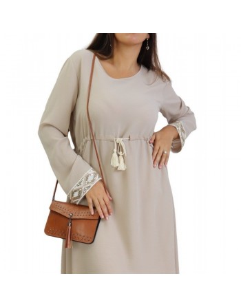 Tunique ample et originale pour femme avec cordon à pompons et strass sur les manches - Couleur Beige 