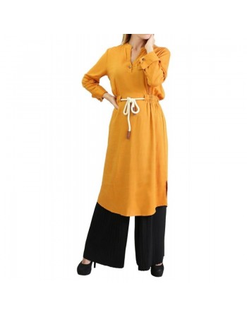 Tunique en lin avec ceinture - Couleur Jaune citrouille 