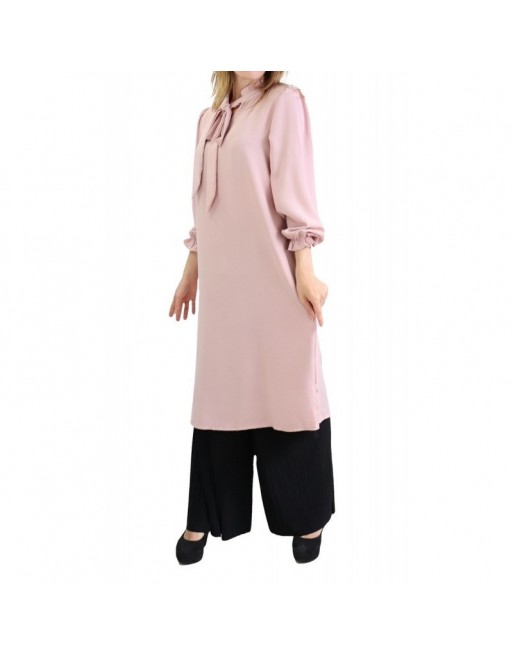 Tunique longue avec col nœud de couleur rose clair 