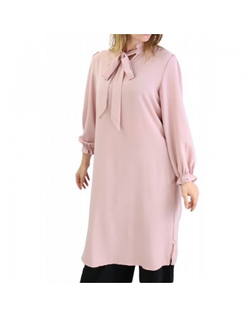 Tunique longue avec col nœud de couleur rose clair 