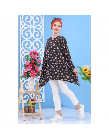 Tunique ample pour femme à motif floral - Couleur noire 