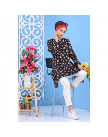 Tunique ample pour femme à motif floral - Couleur noire 
