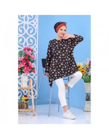 Tunique ample pour femme à motif floral - Couleur noire 