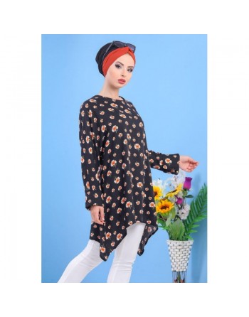 Tunique ample pour femme à motif floral - Couleur noire 