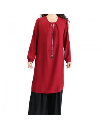 Tunique longue ornée de perles et d'une chaîne avec bijoux pendentif - Couleur Bordeaux 
