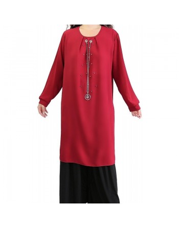 Tunique longue ornée de perles et d'une chaîne avec bijoux pendentif - Couleur Bordeaux 
