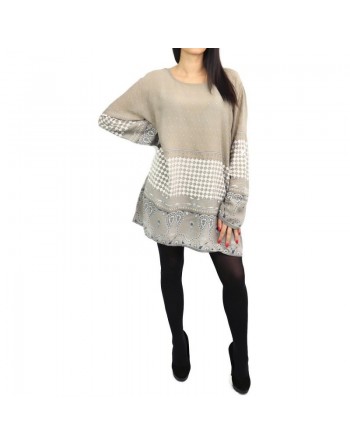 Tunique viscose imprimée motifs cachemire pour femme - Couleur taupe et blanc 