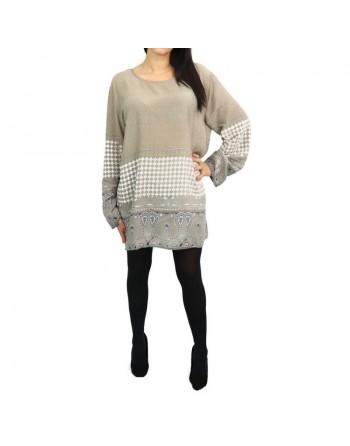 Tunique viscose imprimée motifs cachemire pour femme - Couleur taupe et blanc 