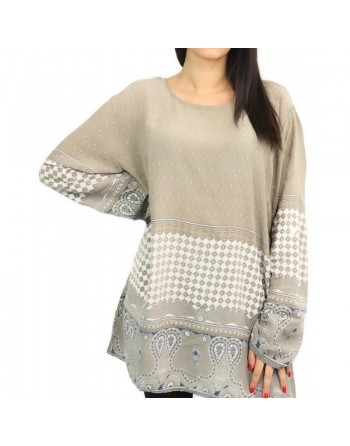 Tunique viscose imprimée motifs cachemire pour femme - Couleur taupe et blanc 
