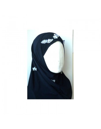 Hijab noir 2 pièces avec dentelle à motifs fleurs 
