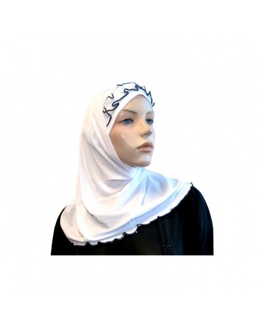 Hijab 2 pièces blanc avec ruban froncé noir 
