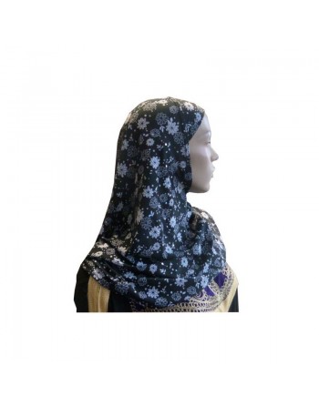 Hijab 1 pièce noir pailleté avec motifs fleurs blanches 