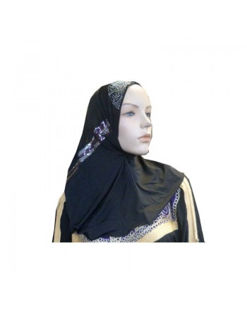 Hijab noir perlé au niveau du haut avec motifs multicouleurs 