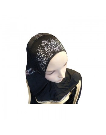 Hijab noir perlé au niveau du haut avec motifs multicouleurs 