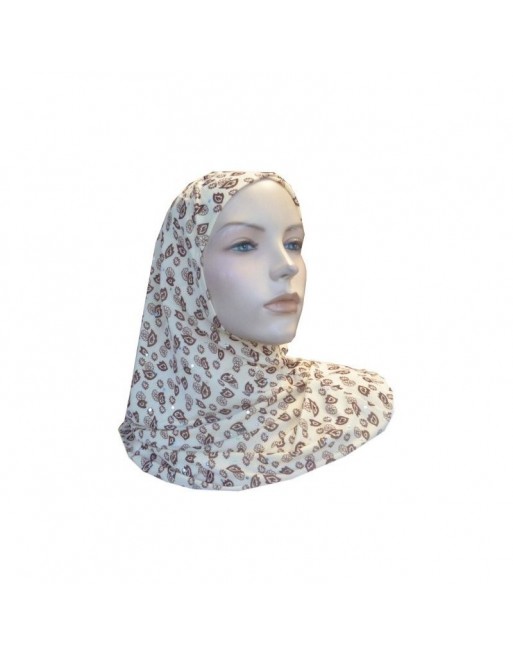 Hijab 1 pièce beige pailleté avec motifs marrons 