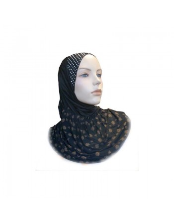 Hijab 1 pièce noir perlé au niveau du haut avec motifs cuivrés 