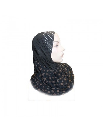 Hijab 1 pièce noir perlé au niveau du haut avec motifs cuivrés 