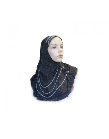 Hijab noir pailleté avec boutons et chaines fines 