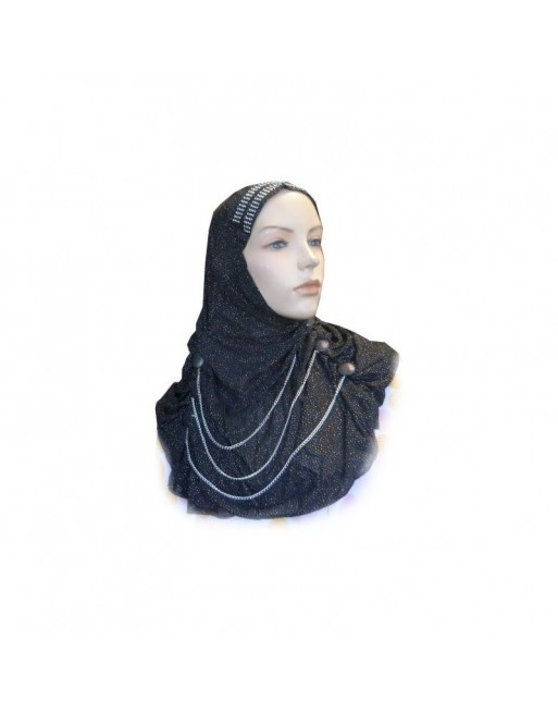 Hijab noir pailleté avec boutons et chaines fines 