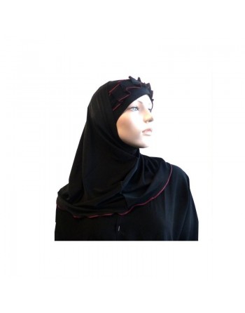 Hijab 2 pièces (bonnet tube) noir avec ruban froncé bordeaux 