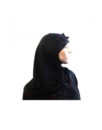 Hijab 2 pièces (bonnet tube) noir avec ruban froncé bordeaux 