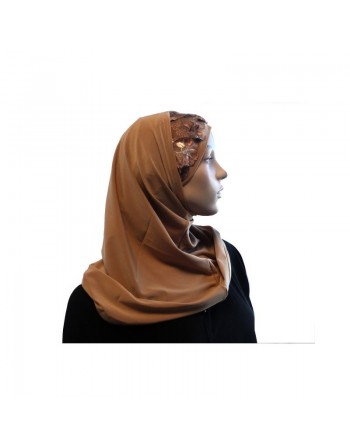 Hijab 2 pièces couleur camel décoré de fleurs 