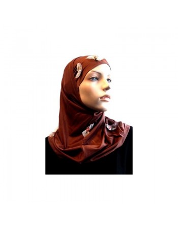 Hijab 2 pièces marron décoré de fleurs 