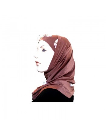 Hijab 2 pièces marron décoré de fleurs 
