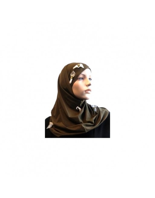 Hijab 2 pièces kaki décoré de fleurs Hijab 2 pièces kaki décoré de fleurs