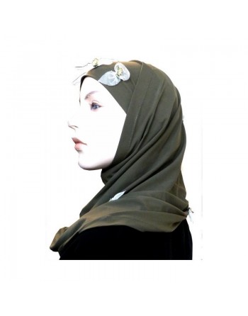 Hijab 2 pièces kaki décoré de fleurs 