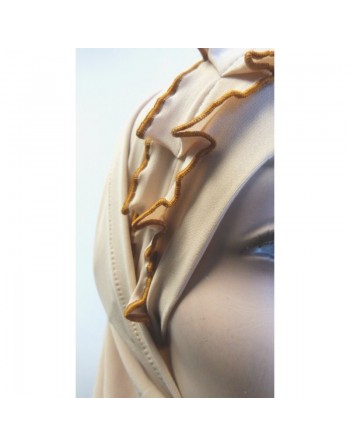 Hijab 2 pièces beige avec ruban froncé caramel 