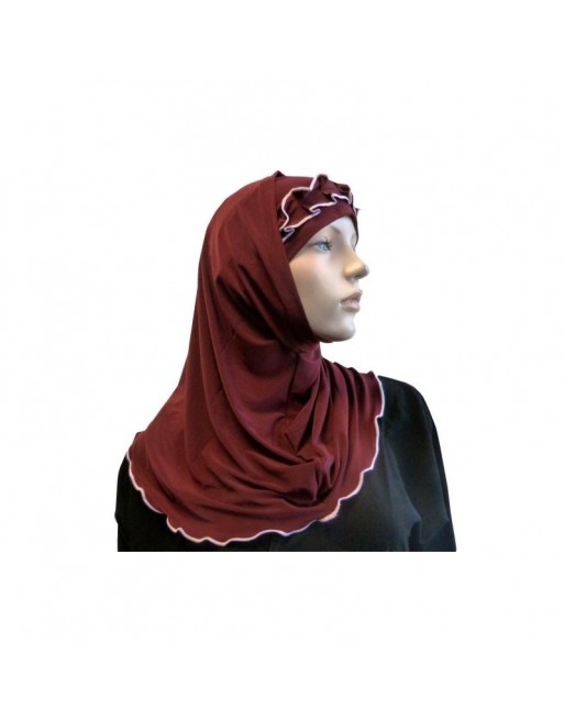 Hijab 2 pièces bordeaux avec ruban froncé rose 