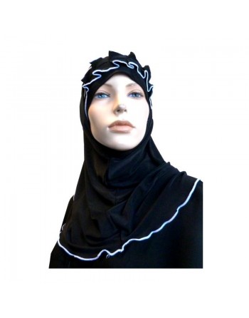 Hijab 2 pièces noir avec ruban froncé blanc 