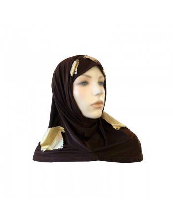 Hijab 2 pièces (bonnets tube) marron chocolat et carreaux jaunes satinés 