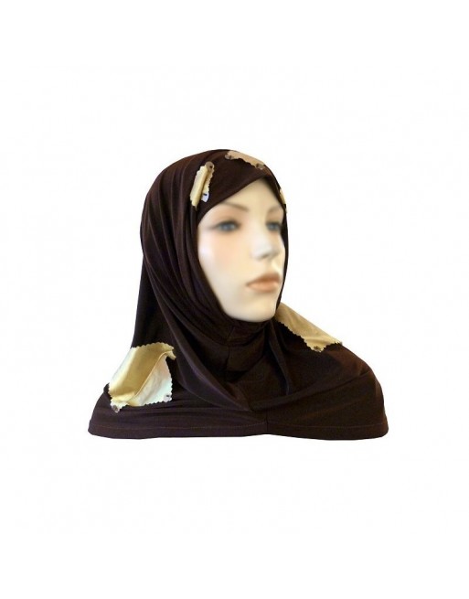 Hijab 2 pièces (bonnets tube) marron chocolat et carreaux jaunes satinés Hijab 2 pièces (bonnets tube) marron chocolat et carreaux jaunes satinés
