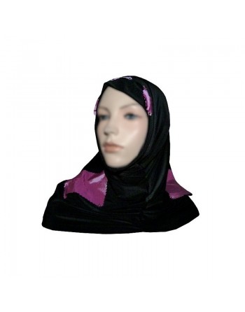 Hijab 2 pièces (bonnets tube) noir décoré de carreaux mauves 