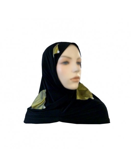 Hijab 2 pièces (bonnets tube) noir décoré en carreaux vert olive 