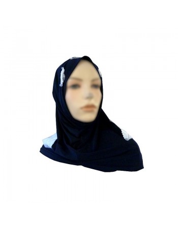 Hijab 2 pièces (bonnets tube) bleu marine décoré à carreaux blanc satinés 